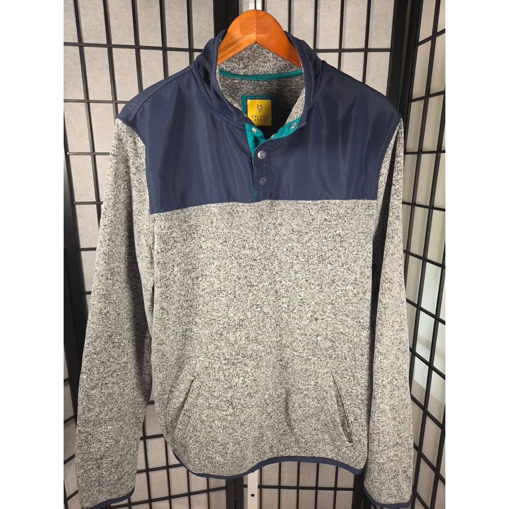 Prince & Fox Mens XL Gray Navy Blue Fleece Quarter Snap‎ Pullover Sweater Pocket